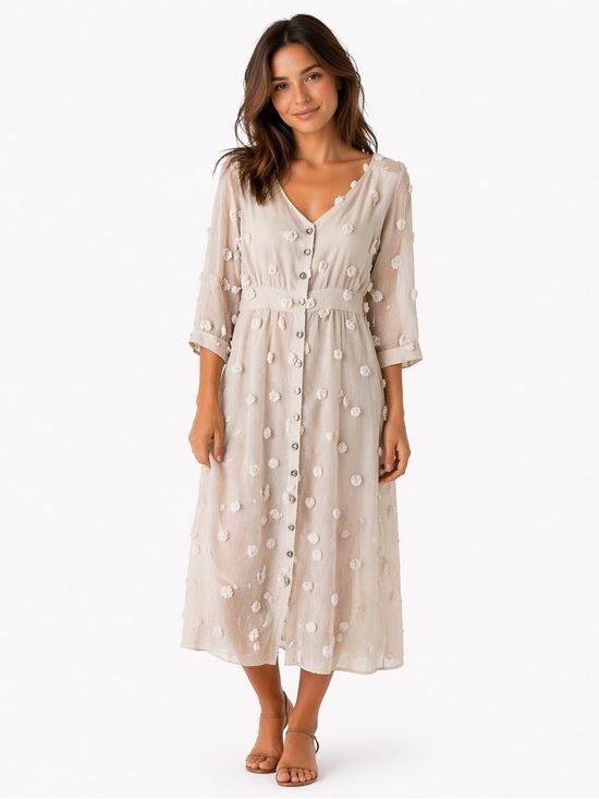 Listicle Dresses & Skirts - Listicle Boho Blush 3/4 Sleeve Button-Front Dress with Pom-Pom Details, Size L
